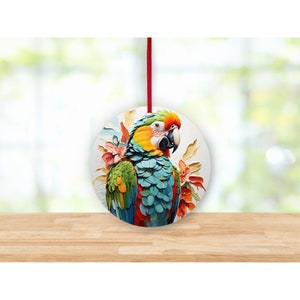 Parrot Oil Paint Look Clear Glass Or Ceramic Ornament, Choice Of 8 Designs, Hanging Ribbon, 3 Inch Round, Holiday Gift, Parrot Lover Decor