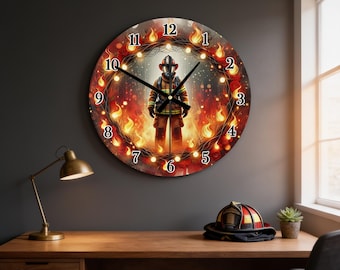 Fireman Glass Or Aluminum Clock, Custom  Finish | Home Office Wall Decor | 3 Sizes