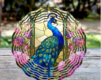 Stained Glass Look Peacock Wind Spinner, Outdoor Yard Decor, Garden Art, Gift for Her, Unique Gift Idea