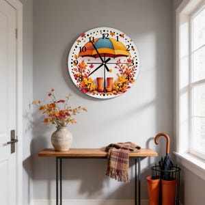 Umbrella Clock, Tempered Glass | Seasonal Design - Maple Leaves, Bold Black Numbers | 3 Sizes