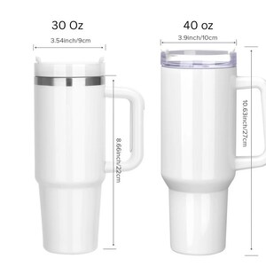 two white insulated travel mugs, one larger and one smaller, with their respective measurements and capacities indicated.