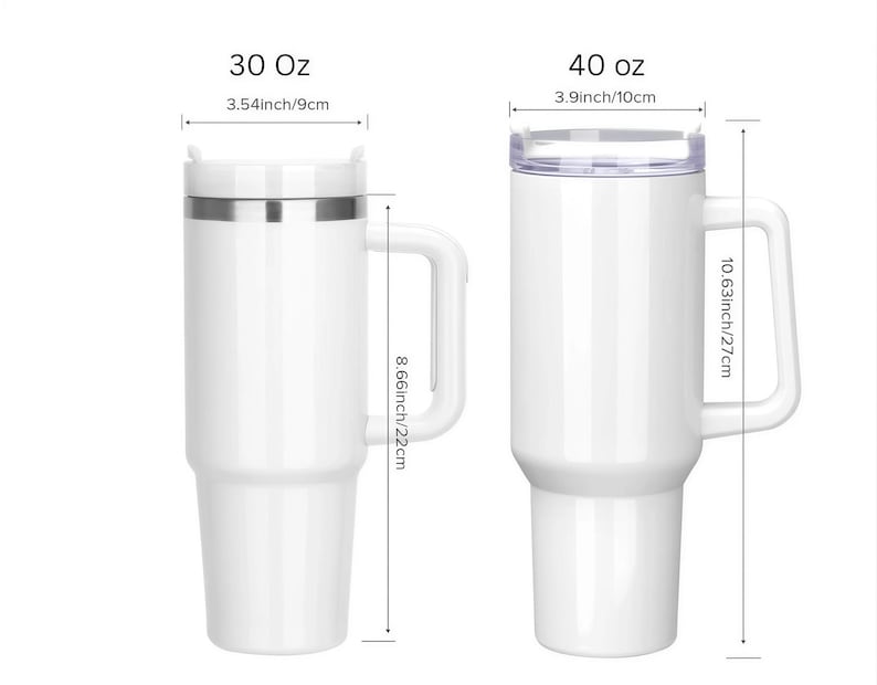 two white insulated travel mugs, one larger and one smaller, with their respective measurements and capacities indicated.