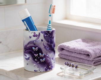 Purple Jewel Butterfly Ceramic Toothbrush Holder, Makeup Brush Jar