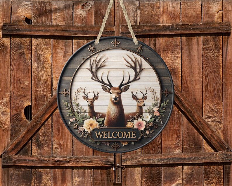 Op de afbeelding: Ronde houten welkomstbord met een illustratie van een hertenfamilie. Het bord heeft een donker frame met bloemaccenten en het woord "WELCOME" onderaan. De achtergrond is een licht houtnerfpatroon.