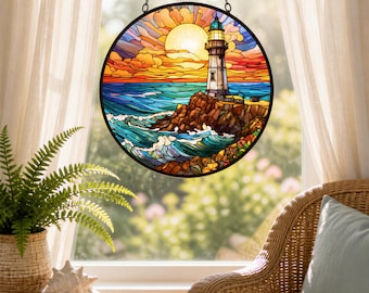 Lighthouse  | Frame Ring Suncatcher - Hanging Chain | Coastal Window,  3 Sizes