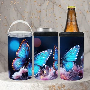 16 Oz Blue Butterfly Floral 4 In 1 Can Cooler, Gift For Mom, Unique Gift, Personalized Gift