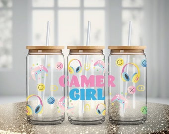 Gamer Girl 16 Oz. Glass Can, Gift, Personalized Gamer Gift,  Customizable Glassware