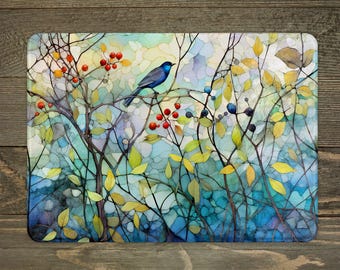 Bluebird & Berries Glass Cutting Board, 3 Size Choices, Floral Kitchen Decor