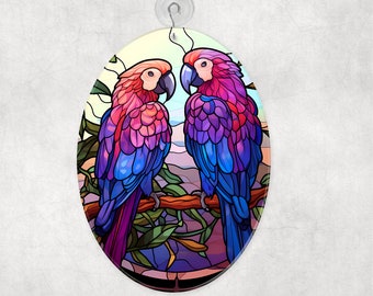 Parrot Pair Glass Suncatcher, Colorful Bird Window Hanging, Gift for Bird Lover, Tropical Bird Decor, Sun Catcher, 2 Shape Choices
