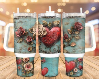Vintage Look Heart Stainless Steel Tumbler, 30/40 Oz, Personalized Gift