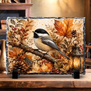 Photo Slate Decor, Autumn Bird  | Natural Stone | Farmhouse Cabin Accent, Berries Pinecones