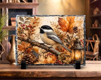 Photo Slate Decor, Autumn Bird  | Natural Stone | Farmhouse Cabin Accent, Berries Pinecones
