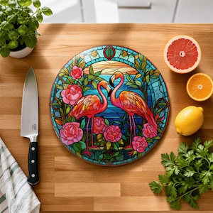 Flamingo Floral, Tempered Glass Board | 12 Inch Round | Scratch Resistant, Decorative Kitchen