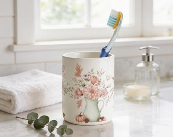 Floral Ceramic Jar, Cottagecore Toothbrush Holder - White Glossy Cylinder | Vanity Organizer