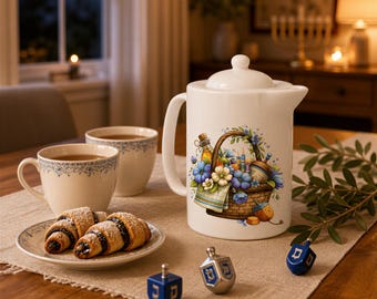 Hanukkah Basket, Handcrafted Porcelain Teapot | Personalized | White Glaze | 44 Oz