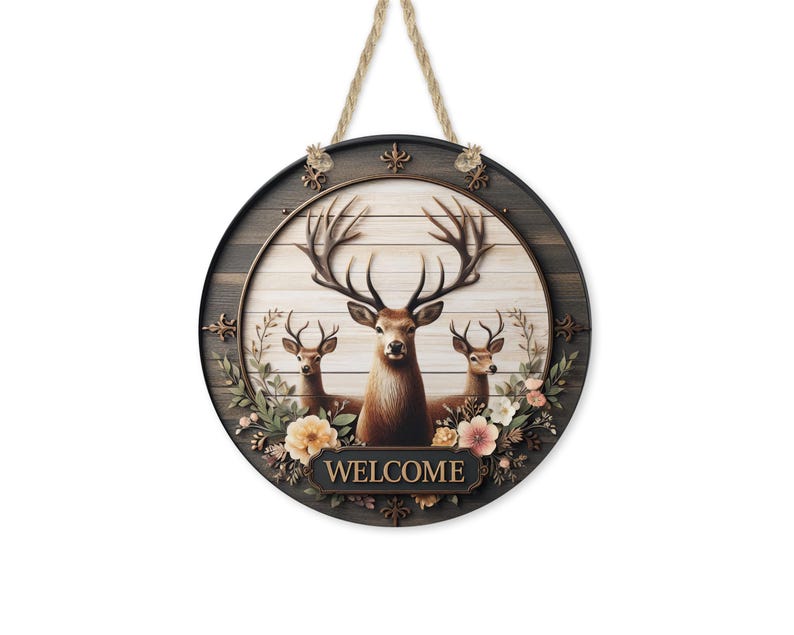Op de afbeelding: Ronde houten welkomstbord met drie herten met grote geweien, omringd door bloemen. Het bord heeft een donkerbruine rand en een lichtbruine achtergrond met het woord "WELCOME". Er is een touw bevestigd om op te hangen.