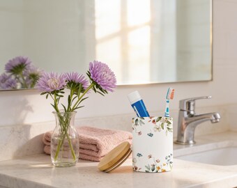 Toothbrush Holder, Wildflower Ceramic | Bamboo Lid | 4.25 In White Bathroom Cup, Countertop Organizer
