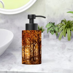 Autumn Forest Soap Dispenser: Stainless Steel Kitchen & Bath Decor, Black Or Silver Pump