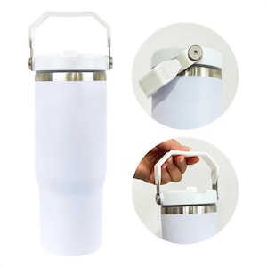 A white, cylindrical thermos or thermos-like container with a handle and a lid. The image is a collage of three photos showing different angles and views of the thermos.