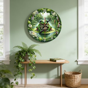 May include: A round wall clock featuring a green frog sitting on a lily pad in a pond. The clock face displays black numbers from 1 to 12, with white water lilies and green reeds surrounding the central frog illustration and black clock hands.