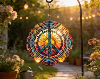 Sunflower Peace Sign Wind Spinner: Metal Garden Decoration