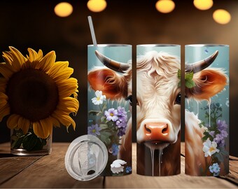 Floral Cow Skinny Tumbler, Stainless Steel Cup, Animal Lover Gift, Personalized Tumbler