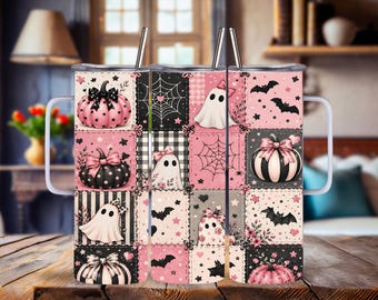Pink Halloween | Patchwork Tumbler - Stainless Steel | Blush Black Gingham Stars | 15Oz 20Oz 30Oz