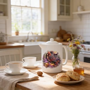 May include: A white ceramic teapot featuring a colorful illustration of a red cardinal bird perched among autumn pumpkins and purple flowers. The teapot has a lid and a handle, and it sits on a wooden table with two matching teacups and saucers.