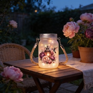 Hummingbird Peonies | Frosted Mason Jar Lantern - Rope Handle, Cordless Dusk Sensor, Garden Decor