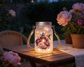Hummingbird Peonies | Frosted Mason Jar Lantern - Rope Handle, Cordless Dusk Sensor, Garden Decor