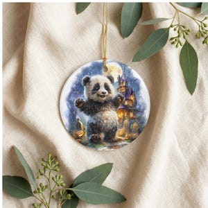 A panda bear standing on its hind legs in front of a castle, with a moon and stars in the background, is the central focus of the image.