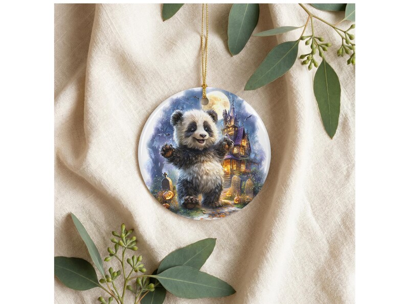 A panda bear standing on its hind legs in front of a castle, with a moon and stars in the background, is the central focus of the image.