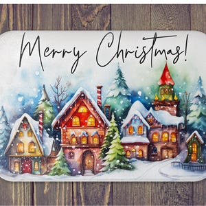 Merry Christmas Village Glass Cutting Board, Kitchen Decor, Christmas Gift