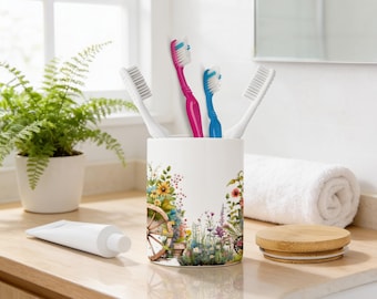 Wagon Wheel  Ceramic - Toothbrush Cup - White Bamboo Lid, Bathroom Organizer