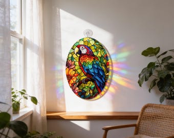 Pretty Parrot Glass Suncatcher, Tropical Bird Window Hanging