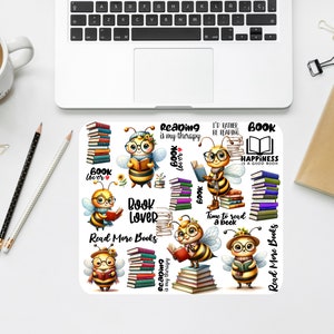May include: A set of 10 digital stickers featuring cute cartoon bees with glasses and books. The stickers include phrases like "Reading is my therapy", "Book Lover", "Time to read a book", and "Read More Books".