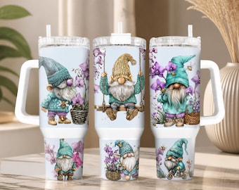 Gnomes Orchids, Whimsical Tumbler | Stainless Steel | 30/40 Oz, Vacuum Insulated, Handle, Included Straw