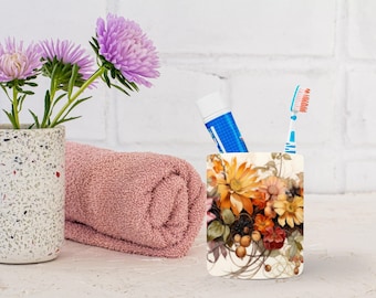 Floral Vine Ceramic - Toothbrush Cup - White Bamboo Lid, Bathroom Organizer