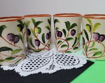EURO CERAMICA Set of 4 Hand Painted Mugs. Zeitona, Spain. Olive Leaf Design. Each One is Unique!