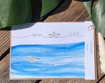 Karten Handlettering Ocean Meer Meerliebe See von Wuid Lebn ohne Umschlag Handgemacht Meeresrauschen Surf Grußkarte Postkarte Geschenkkarte