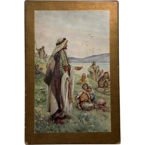 May include: An antique religious print depicting a man in traditional robes speaking to a group. The artwork, set against a backdrop of a lake and sky, is framed in a gold border. The scene depicts a moment of teaching or storytelling.