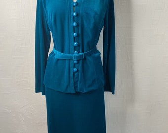 Linda Leigh Vintage Skirt Suit Belted UK 14 Chunky Buttons Velour Turquoise