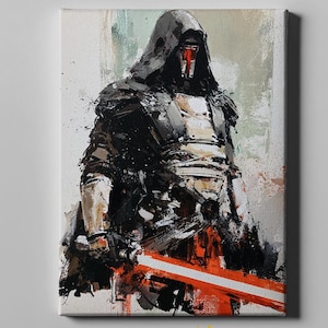 Op de afbeelding: Een rechthoekige canvasprint met een gestileerd digitaal schilderij van een figuur met capuchon in donker pantser met een metalen masker en een gloeiend rood lichtzwaard. Het kunstwerk gebruikt een palet van zwarte, grijze, witte en oranje verfspatten.