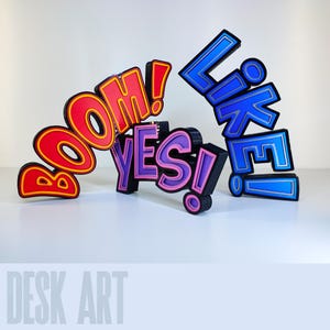 Letreros decorativos pop art 3D ¡Sí, pum! ¡Me encanta! Arte de mesa moderno y original. Letrero de escritorio divertido y con colores únicos. Decoración moderna de una sola pieza.