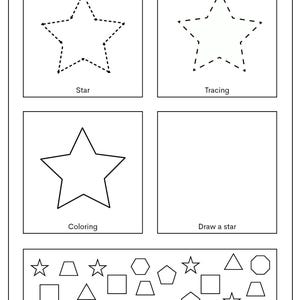 May include: A white shape worksheet with the title "Shape Worksheet". The worksheet includes star tracing, coloring, and drawing activities, along with a "Find the star" section featuring various shapes.