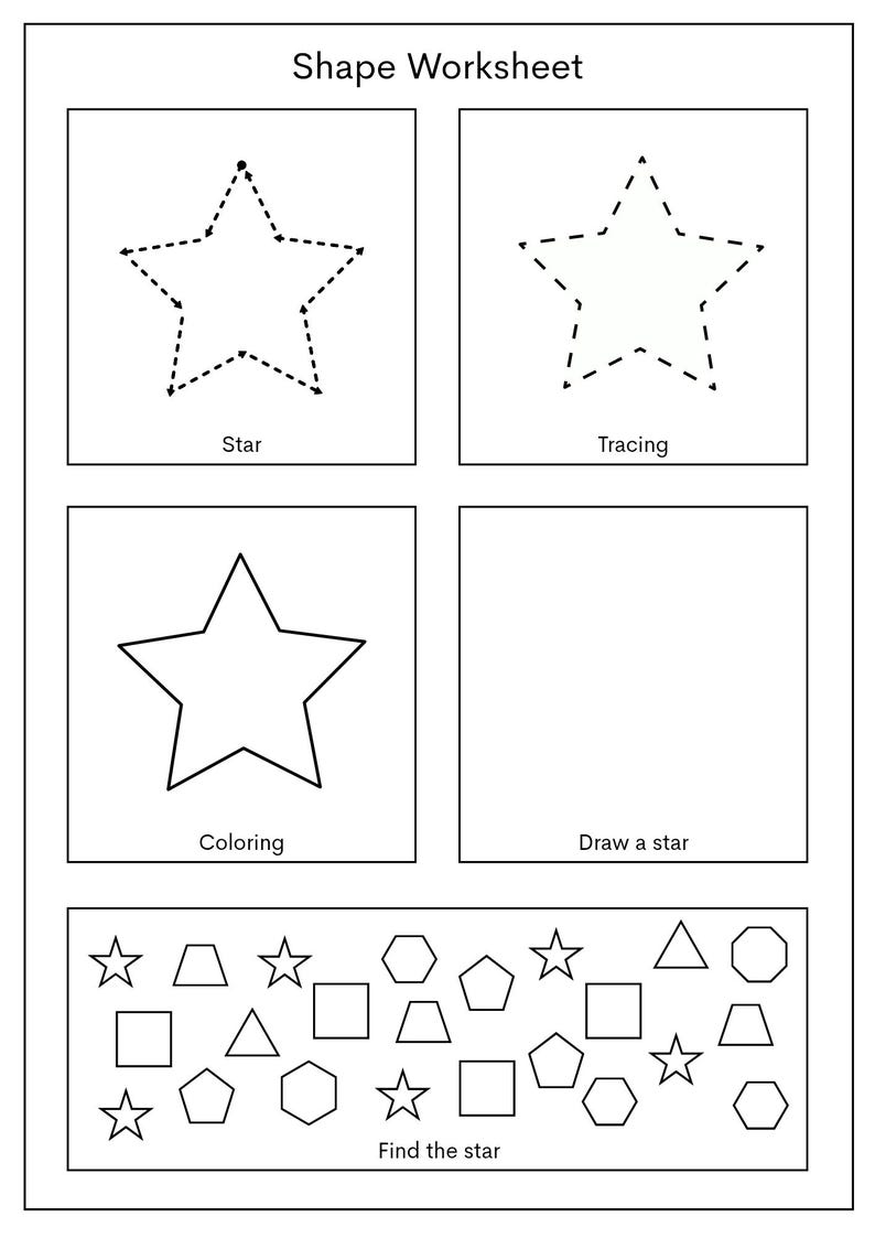 May include: A white shape worksheet with the title "Shape Worksheet". The worksheet includes star tracing, coloring, and drawing activities, along with a "Find the star" section featuring various shapes.