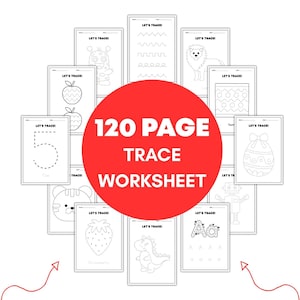 May include: A collection of black and white educational worksheets featuring the text LET'S TRACE at the top of each page. The pages display various dotted line patterns, shapes, animals, letters, and numbers for tracing, with a large red circle overlaying the centre containing the white text 120 PAGE TRACE WORKSHEET.