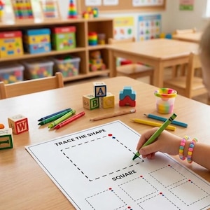May include: A white worksheet titled TRACE THE SHAPE with a large square and smaller squares to trace, featuring dashed lines and red dots. A green crayon is used to trace the square, surrounded by colorful wooden alphabet blocks and crayons.