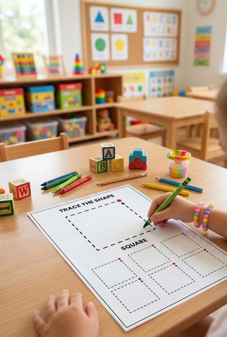 May include: A white worksheet titled TRACE THE SHAPE with a large square and smaller squares to trace, featuring dashed lines and red dots. A green crayon is used to trace the square, surrounded by colorful wooden alphabet blocks and crayons.