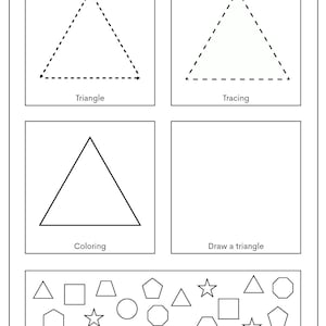 May include: A black and white shape worksheet with the title "Shape Worksheet". The worksheet includes instructions for tracing, coloring, and drawing a triangle. It also has a section to find the triangle among other shapes.